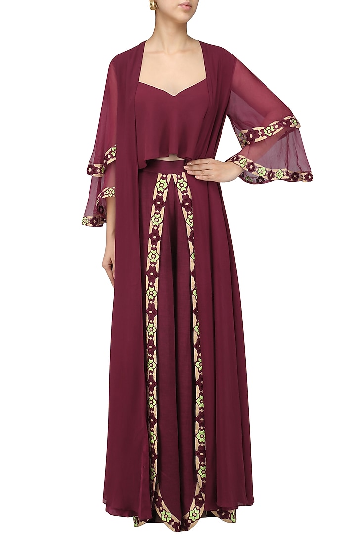 Burgundy crop top with jacket and pants set available only at Pernia's Pop Up Shop.