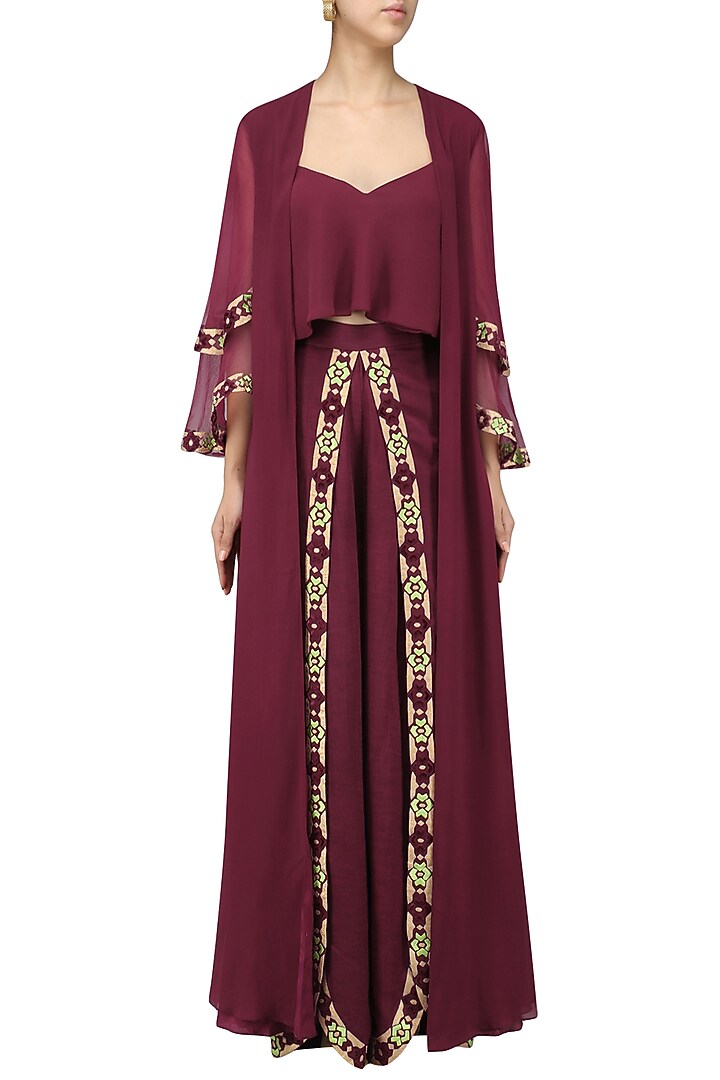 Burgundy crop top with jacket and pants set available only at Pernia's Pop Up Shop.