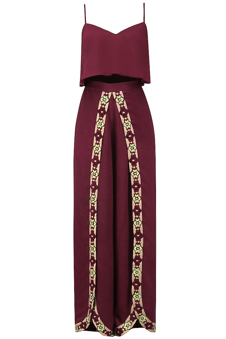 Burgundy crop top with jacket and pants set available only at Pernia's Pop Up Shop.