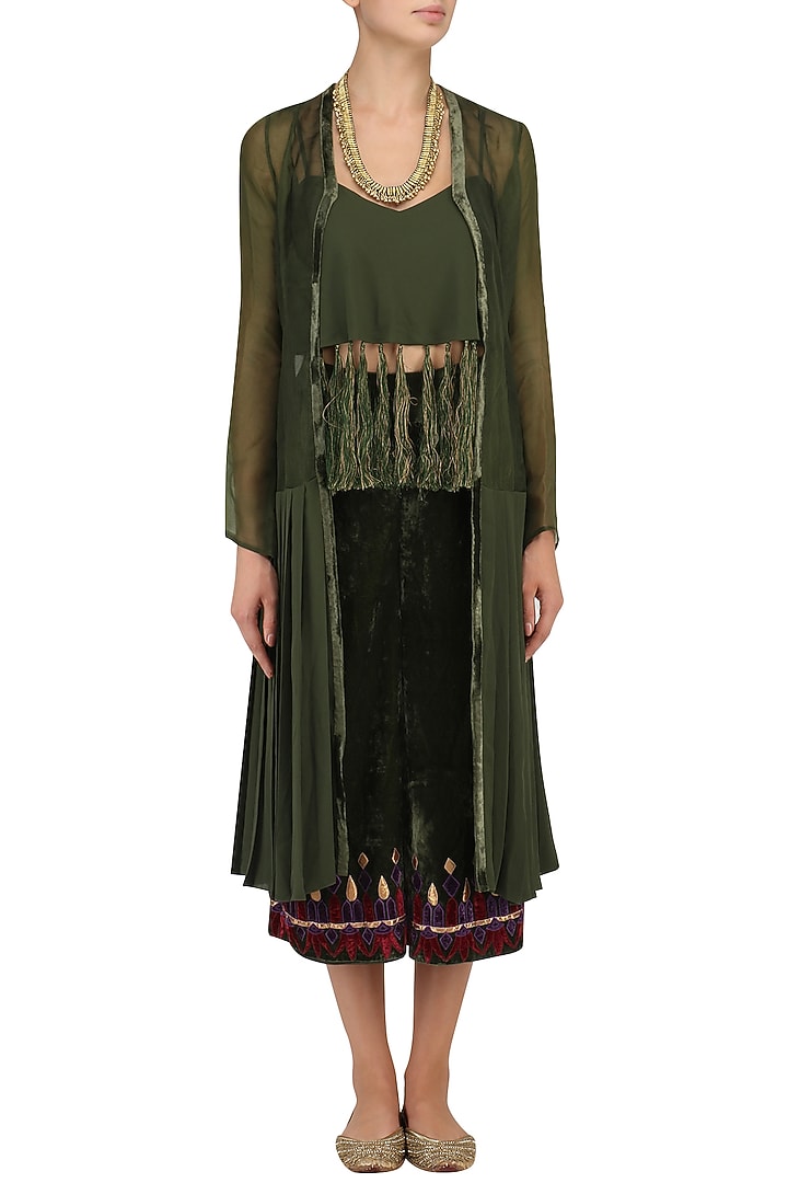 Army green tasseled crop top with pleated jacket and culottes set available only at Pernia's Pop Up Shop.
