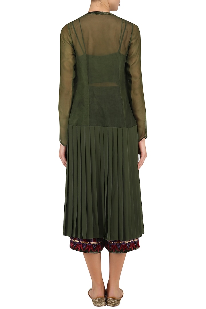 Army green tasseled crop top with pleated jacket and culottes set available only at Pernia's Pop Up Shop.