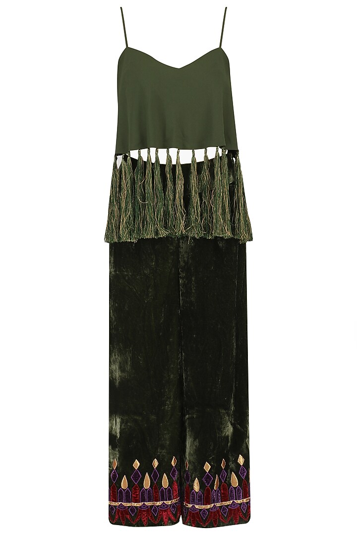 Army green tasseled crop top with pleated jacket and culottes set available only at Pernia's Pop Up Shop.