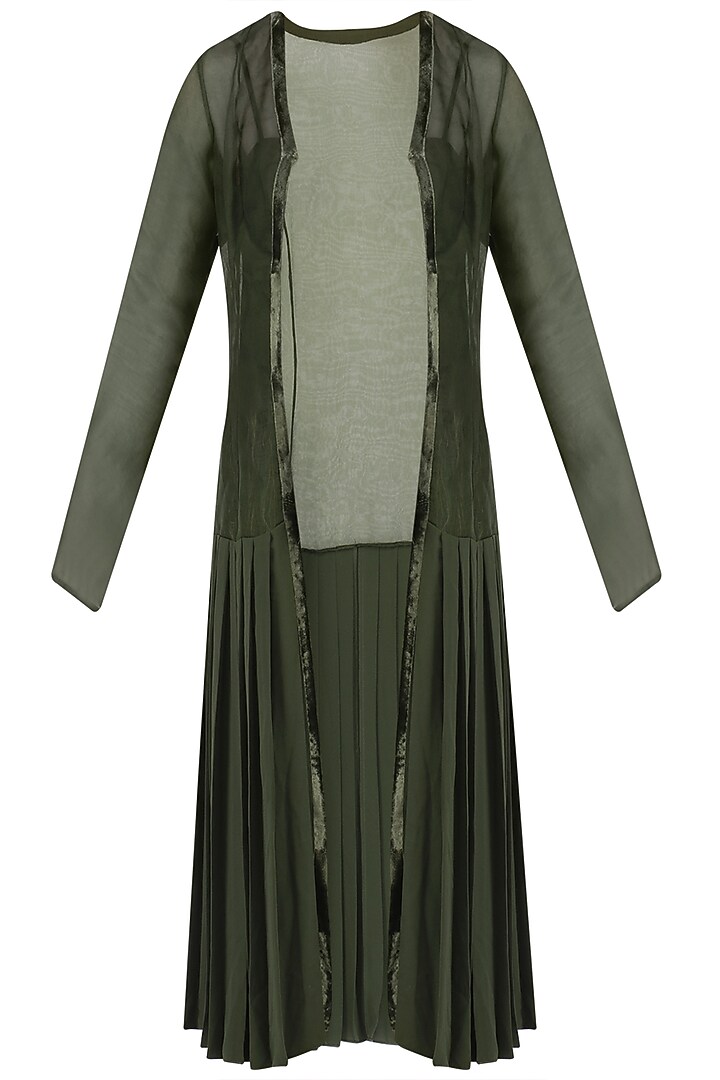 Army green tasseled crop top with pleated jacket and culottes set available only at Pernia's Pop Up Shop.