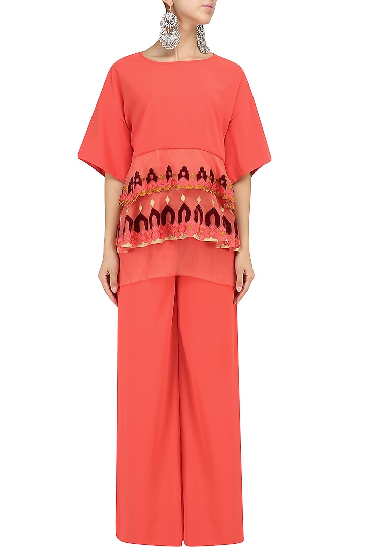 Peach layered embroidered top and palazzo set available only at Pernia's Pop Up Shop.