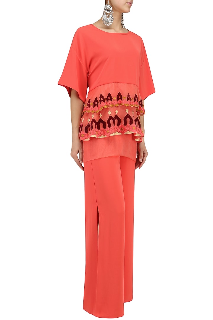 Peach layered embroidered top and palazzo set available only at Pernia's Pop Up Shop.