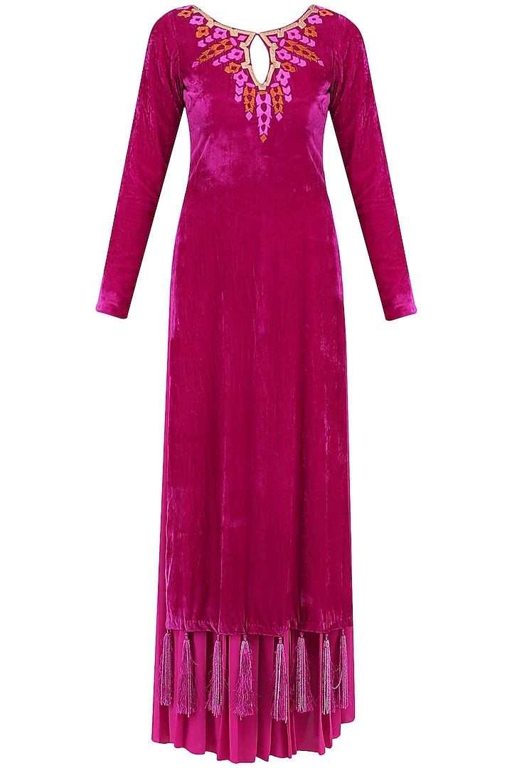 Deep Pink Embroidered Kurta and Pleated Palazzo Set by Chandni Sahi