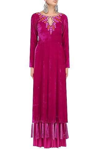 Deep Pink Embroidered Kurta and Pleated Palazzo Set by Chandni Sahi