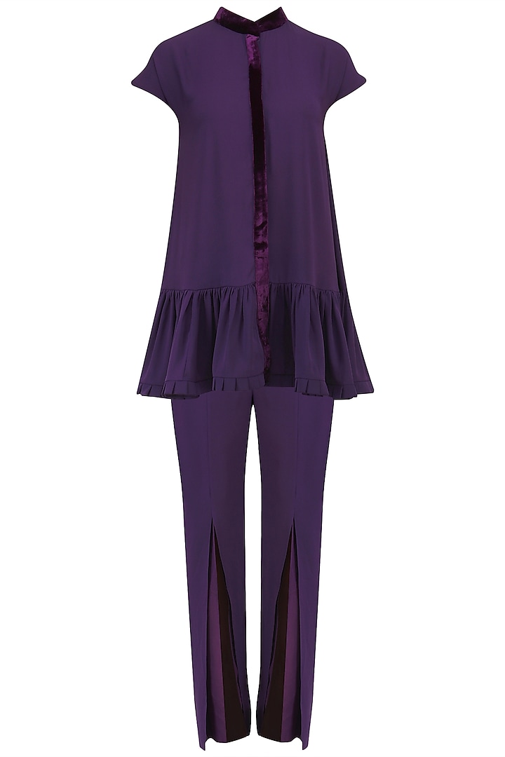 Purple Pleated Peplum and Pants Set by Chandni Sahi