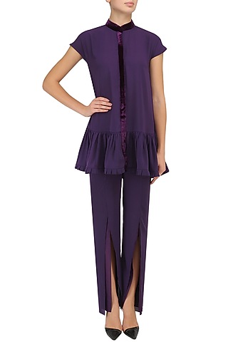 Purple Pleated Peplum and Pants Set by Chandni Sahi