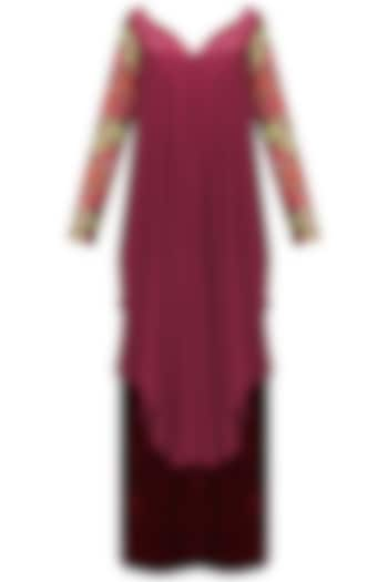 Burgundy asymmetrical pleated kurta and pants set available only at Pernia's Pop Up Shop.