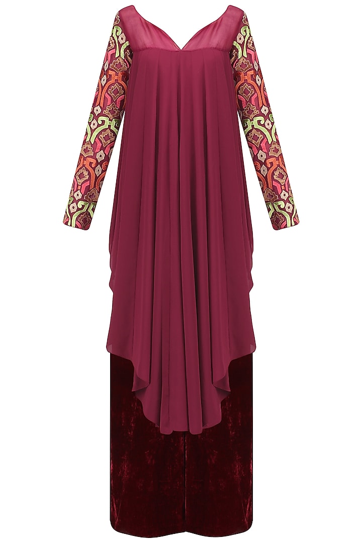 Burgundy Asymmetrical Pleated Kurta and Pants Set by Chandni Sahi