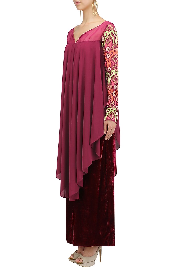 Burgundy asymmetrical pleated kurta and pants set available only at Pernia's Pop Up Shop.