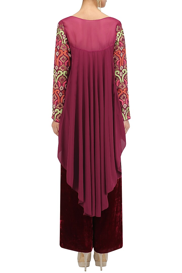 Burgundy asymmetrical pleated kurta and pants set available only at Pernia's Pop Up Shop.