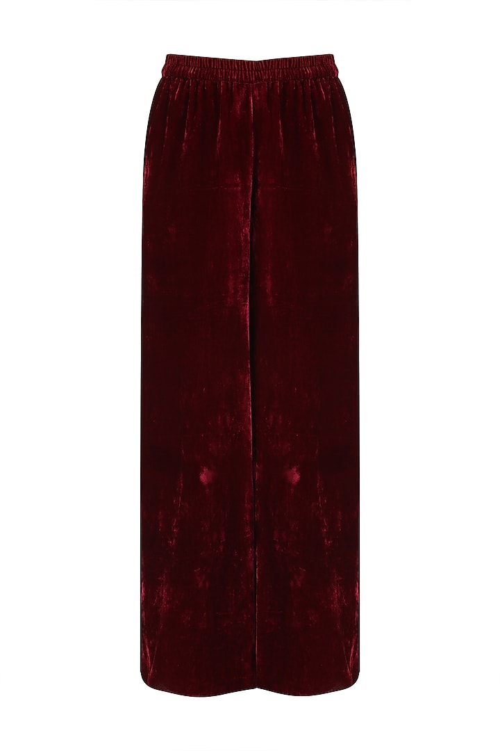 Burgundy asymmetrical pleated kurta and pants set available only at Pernia's Pop Up Shop.