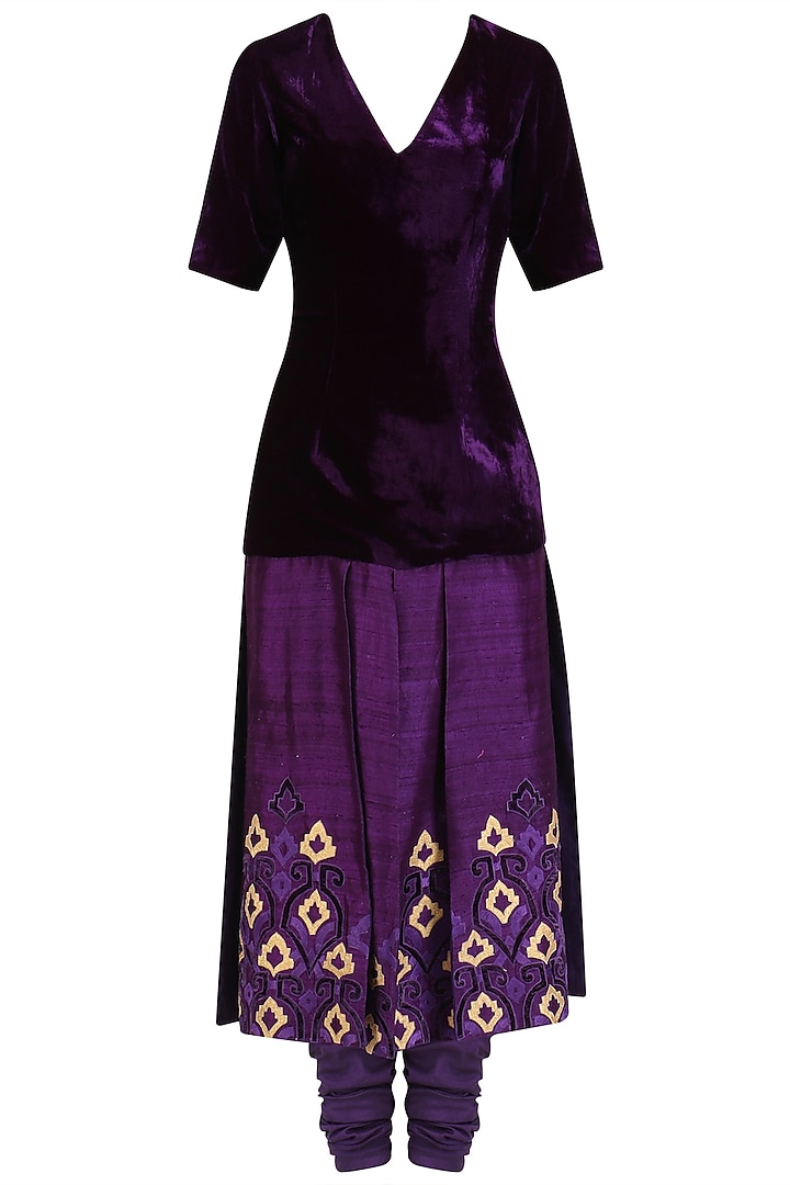 Purple Panelled Embroidered Kurta and Churidaar Set by Chandni Sahi