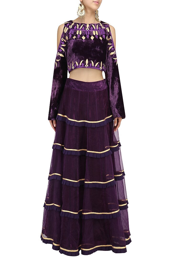 Purple cold shoulder embroidered blouse and lehenga set available only at Pernia's Pop Up Shop.
