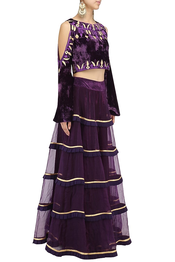 Purple cold shoulder embroidered blouse and lehenga set available only at Pernia's Pop Up Shop.