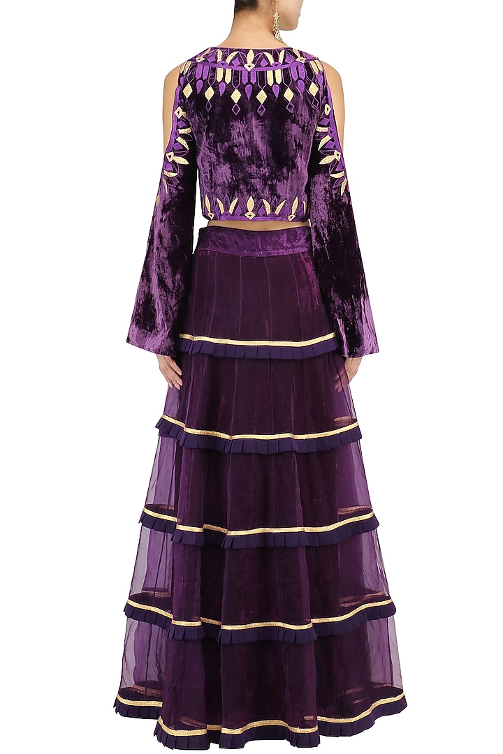 Purple cold shoulder embroidered blouse and lehenga set available only at Pernia's Pop Up Shop.
