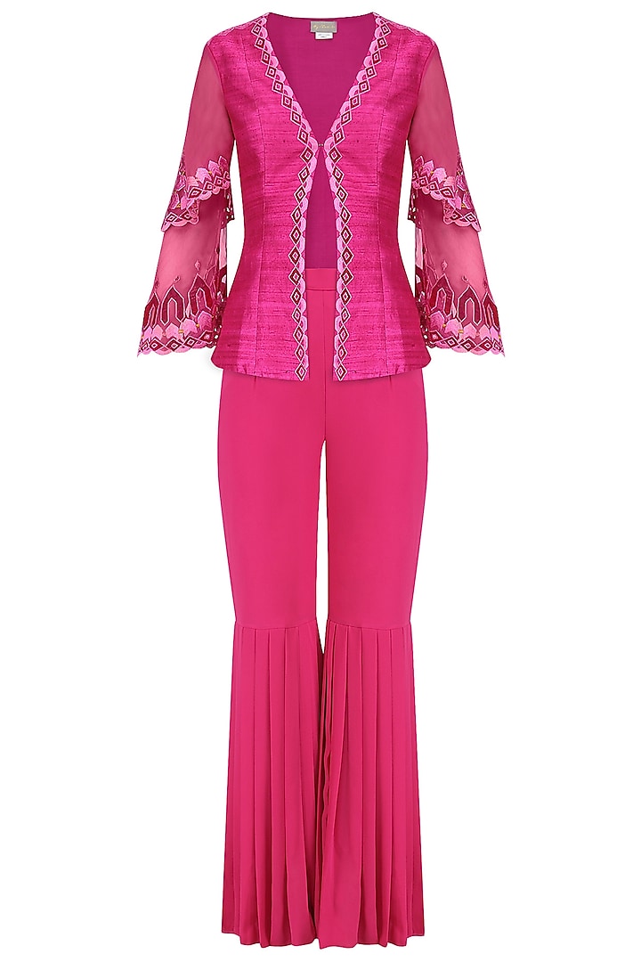 Deep Pink Embroidered Layered Jacket and Gharara Set by Chandni Sahi