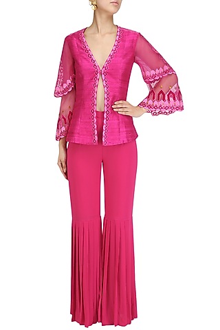 Deep Pink Embroidered Layered Jacket and Gharara Set by Chandni Sahi