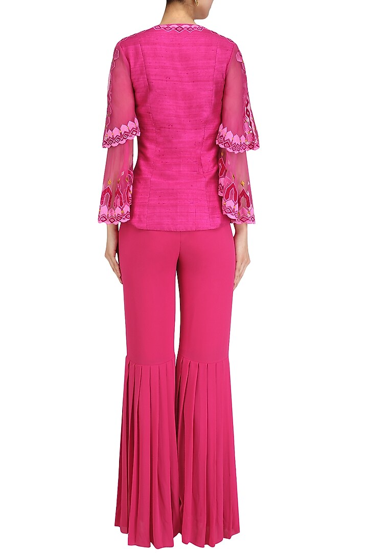 Deep pink embroidered layered jacket and gharara set available only at Pernia's Pop Up Shop.