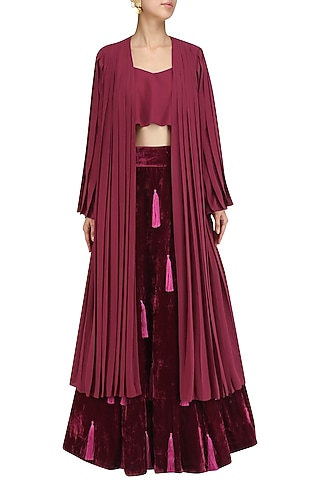 Burgundy Tasseled Lehenga and Flared Blouse and Jacket Set by Chandni Sahi
