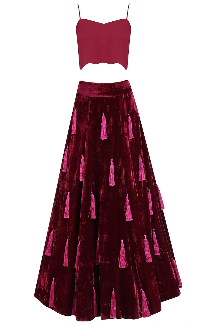 Burgundy tasseled lehenga with flared blouse and jacket set available only at Pernia's Pop Up Shop.
