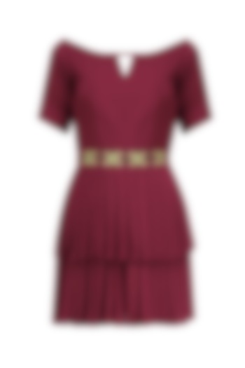 Burgundy Georgette Layered Pleated Dress by Chandni Sahi