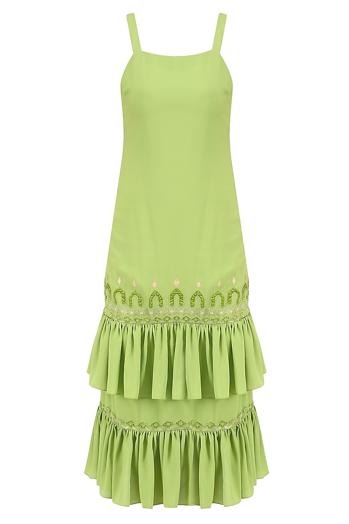 Leaf Green Applique Embroidered Dress by Chandni Sahi