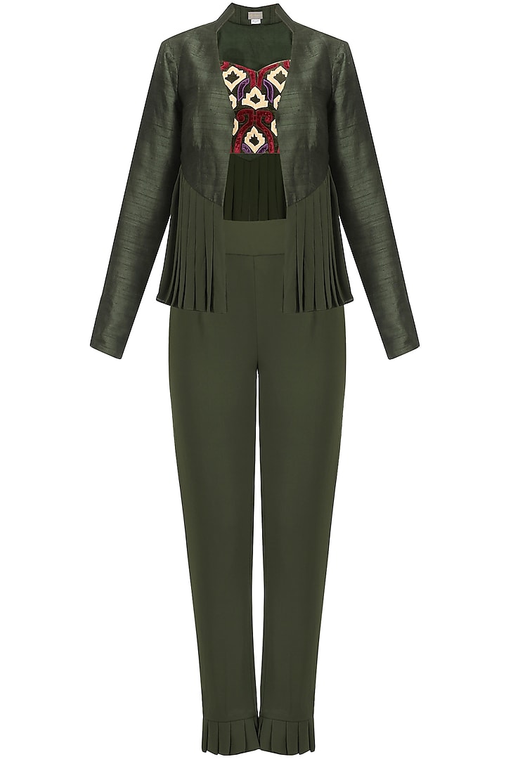 Army Green Pleated Jacket and Embroidered Blouse and Pants Set by Chandni Sahi