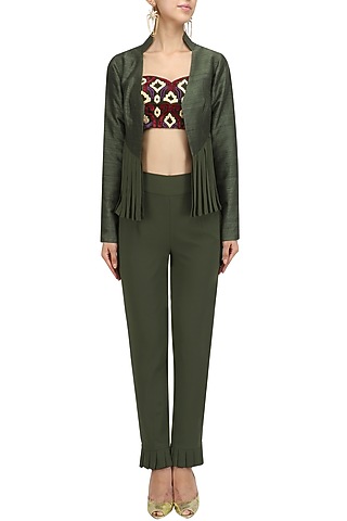 Army Green Pleated Jacket and Embroidered Blouse and Pants Set by Chandni Sahi