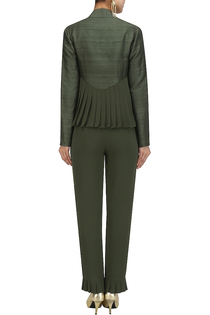 Army green pleated jacket with embroidered blouse and pants set available only at Pernia's Pop Up Shop.