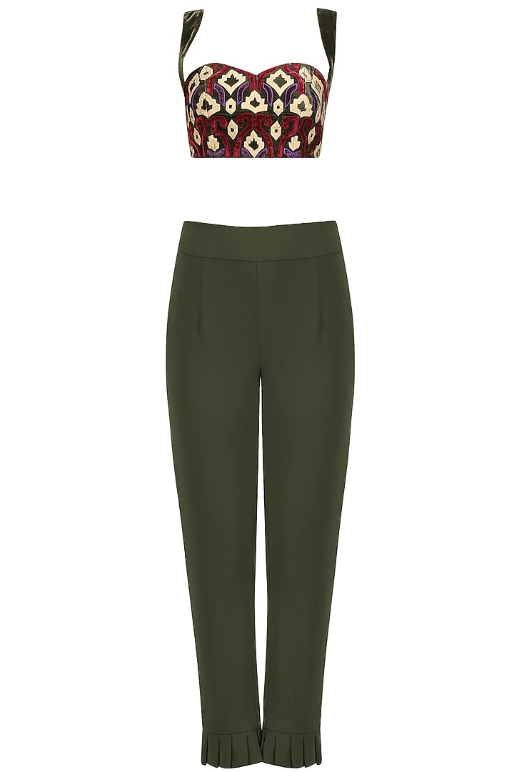 Army green pleated jacket with embroidered blouse and pants set available only at Pernia's Pop Up Shop.