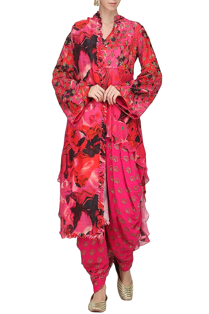 Fuschia pink embroidered and printed kurta with dhoti pants set available only at Pernia's Pop Up Shop.