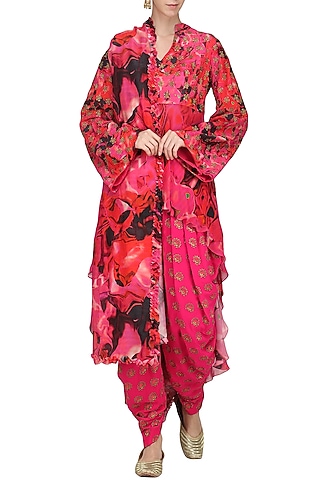 Fuschia Pink Embroidered and Printed Kurta with Dhoti Pants Set by Chandni Sahi
