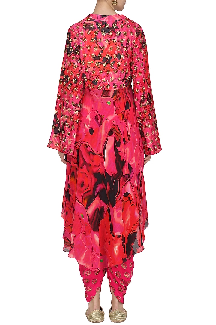 Fuschia pink embroidered and printed kurta with dhoti pants set available only at Pernia's Pop Up Shop.