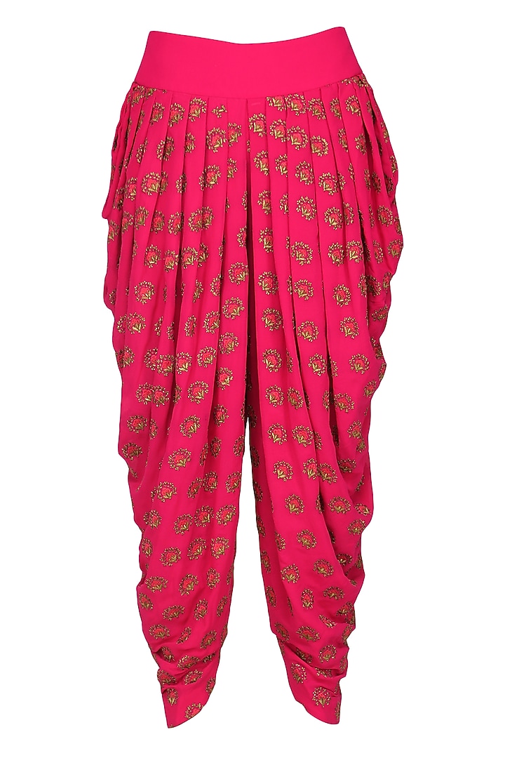 Fuschia pink embroidered and printed kurta with dhoti pants set available only at Pernia's Pop Up Shop.