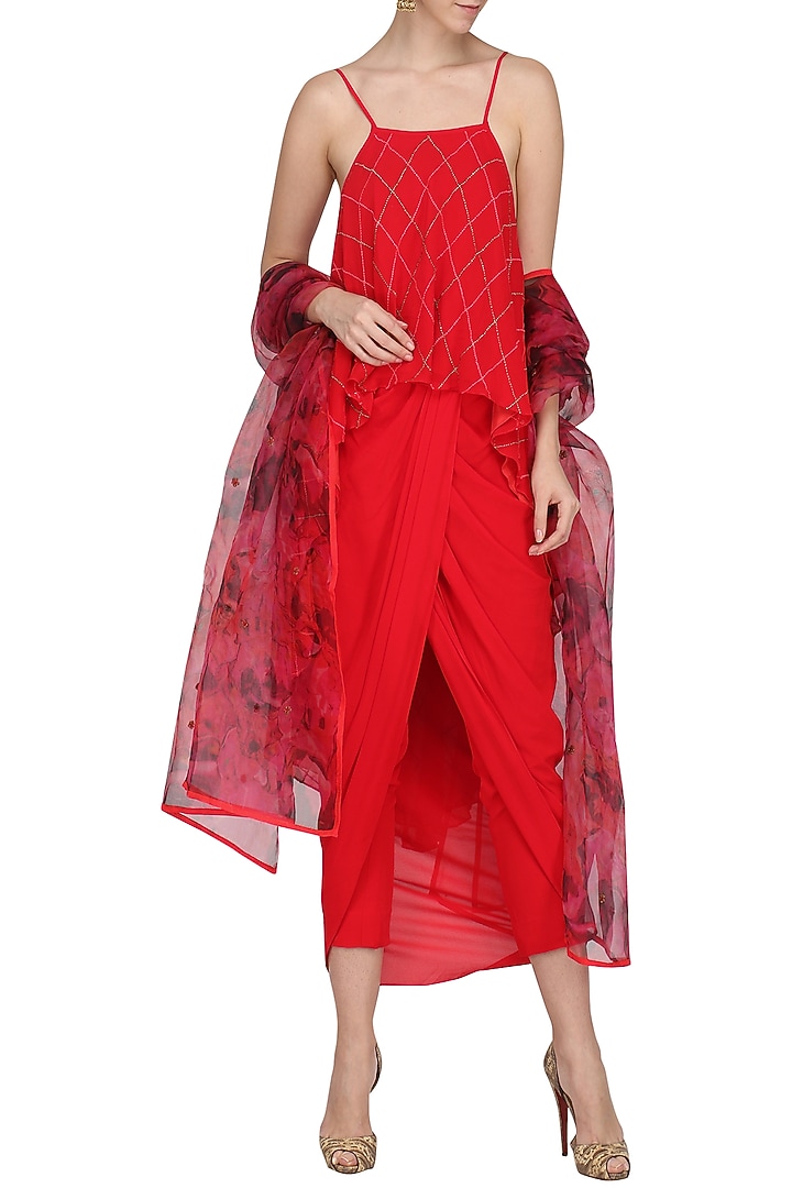 Rose red printed and embroidered crop top with dhoti set available only at Pernia's Pop Up Shop.