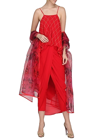 Rose Red Printed and Embroidered Crop Top with Dhoti Set by Chandni Sahi
