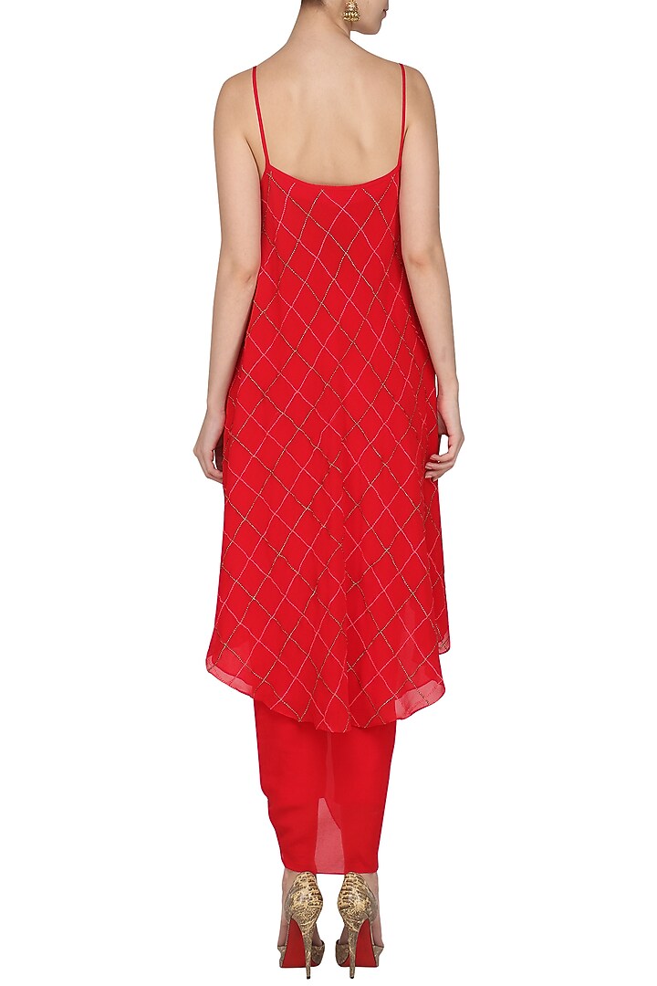 Rose red printed and embroidered crop top with dhoti set available only at Pernia's Pop Up Shop.