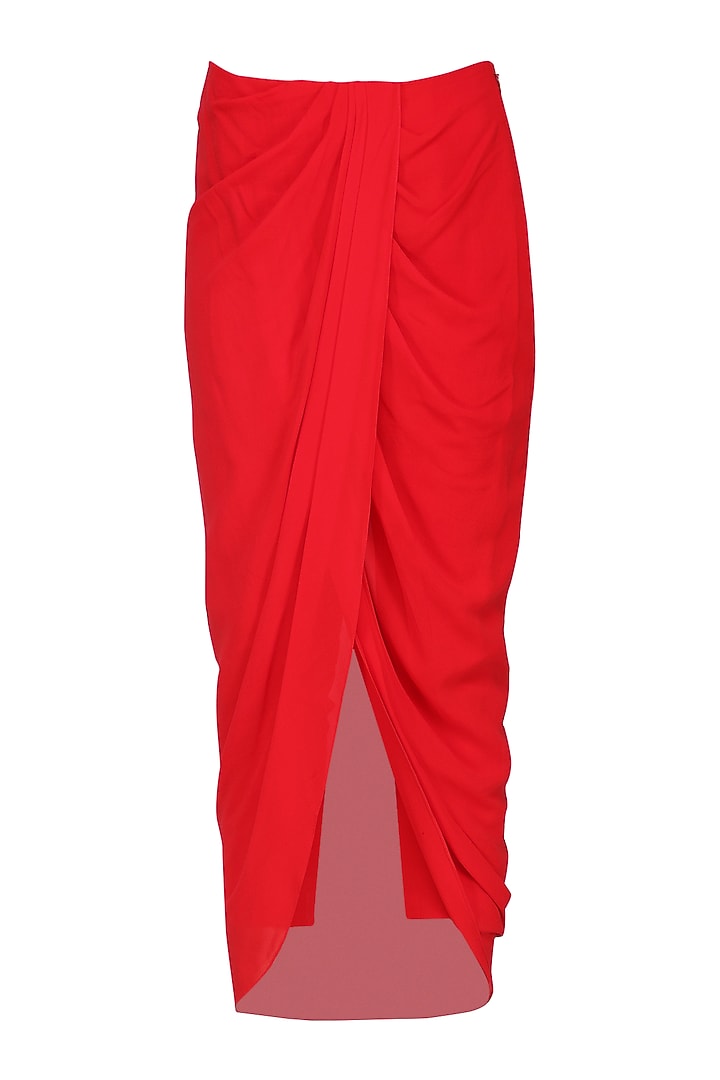 Rose red printed and embroidered crop top with dhoti set available only at Pernia's Pop Up Shop.