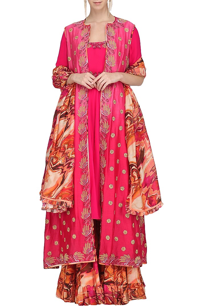 Paakhi Pima Satin Fuschia Jacket With Sharara