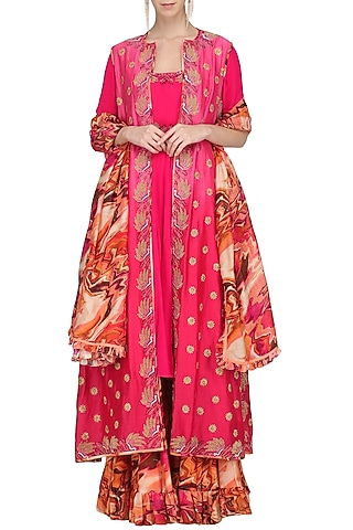 Fuschia Pink Embroidered Anarkali and Jacket with Printed Sharara Pants by Chandni Sahi