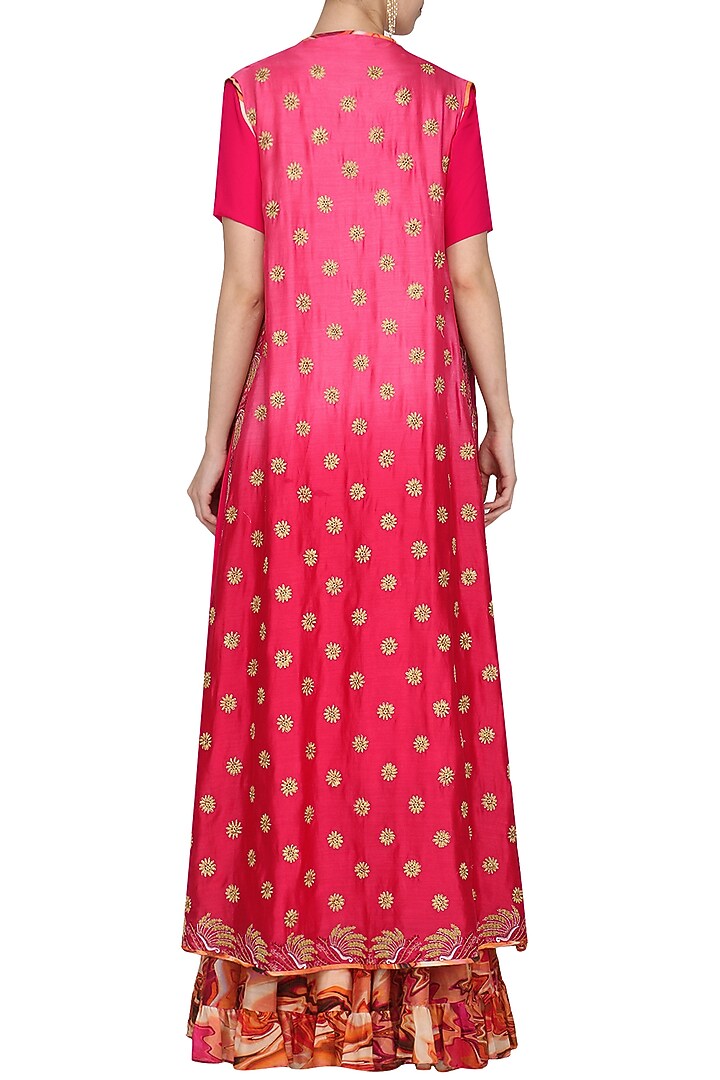 Fuschia pink embroidered anarkali and jacket with printed sharara pants available only at Pernia's Pop Up Shop.