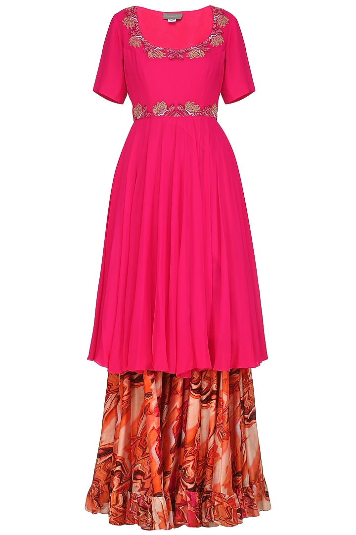 Fuschia pink embroidered anarkali and jacket with printed sharara pants available only at Pernia's Pop Up Shop.