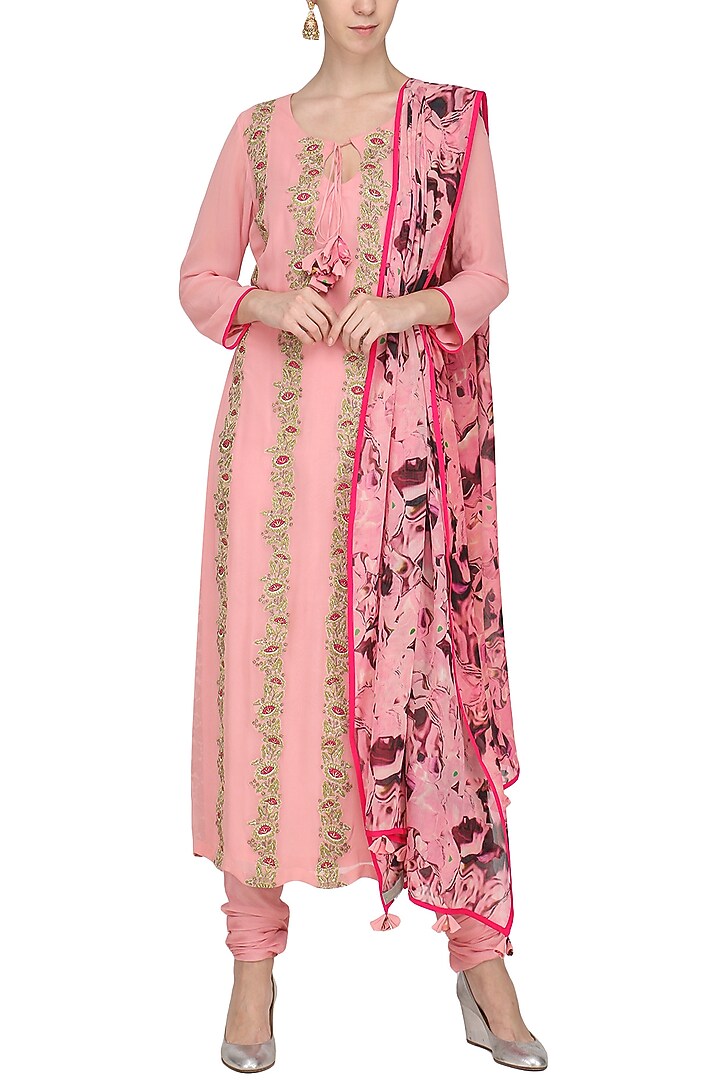 Pink embroidered and printed kurta set available only at Pernia's Pop Up Shop.