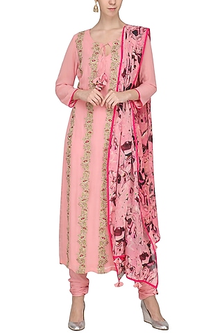 Pink Embroidered and Printed Kurta Set by Chandni Sahi