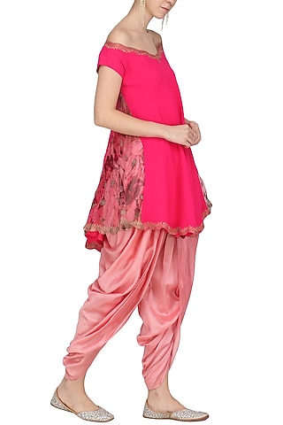Fuschia Pink Embroidered and Printed Kurta with Dhoti Pants by Chandni Sahi