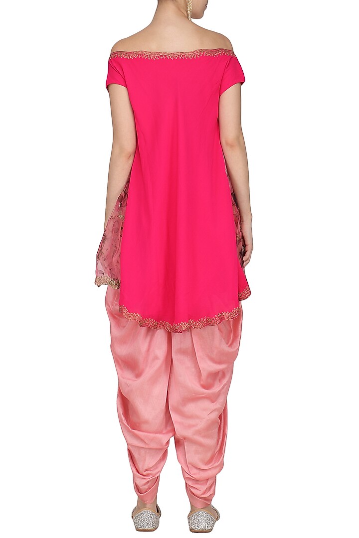 Fuschia pink embroidered and printed kurta with dhoti pants available only at Pernia's Pop Up Shop.