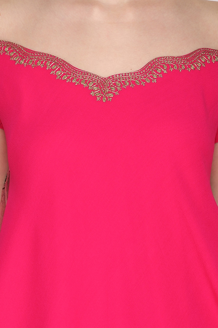 Fuschia pink embroidered and printed kurta with dhoti pants available only at Pernia's Pop Up Shop.